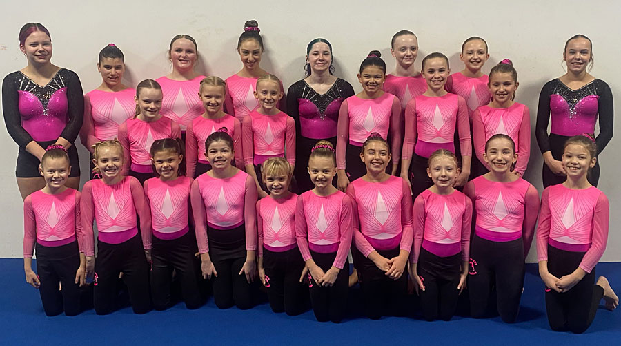 A large group of young female gymnasts pose together against a plain white wall on a blue floor mat. Most wear matching pink and black long-sleeved leotards with a white burst pattern on the chest, while a few older girls wear darker pink and black leotards with silver sparkle details. Everyone is smiling for the team photo.