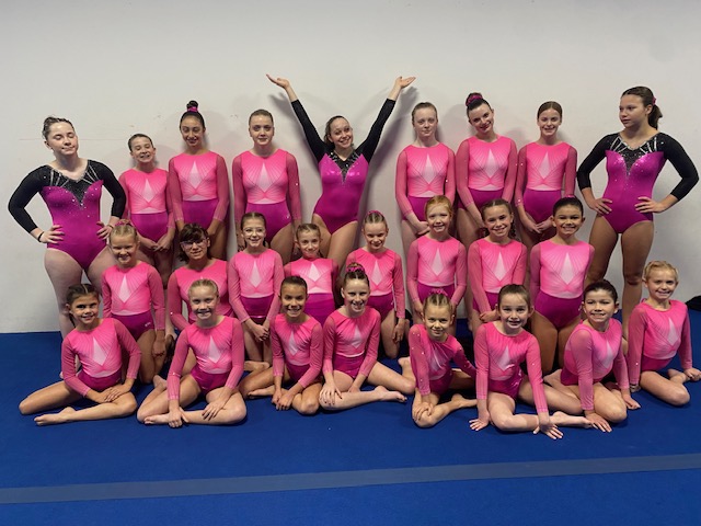 Two young female gymnasts stand side by side on a gravel path outdoors. Both wear pink and black leotards with lace sleeves and display several medals around their necks. They each hold a black jacket that features the white text 2025 AA Champion.